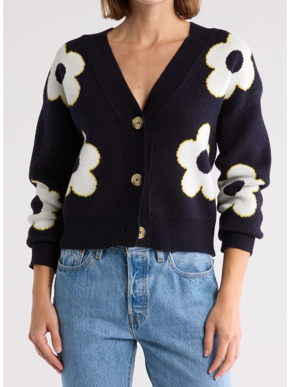 Industry Republic Clothing Floral Jacquard Cardigan Sweater Black White NWOT Med